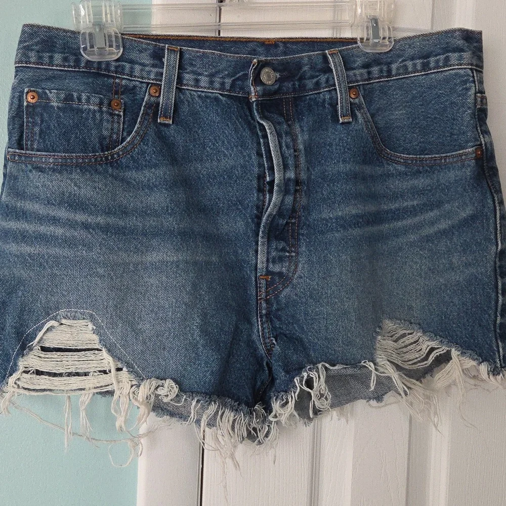 Levi’s 501 High Rise Distressed Cutoff Denim Jean Shorts Button Fly Blue